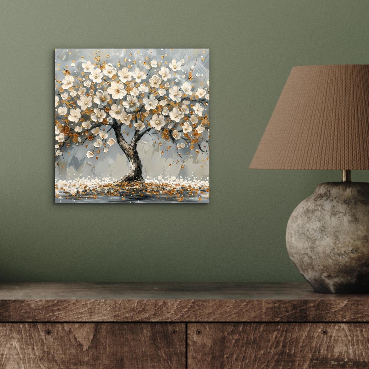 METALLBILD Baum - Blumen - Weiß - Natur - Kunst 20x20 cm - Weiß, Metall (20/20cm) - MuchoWow