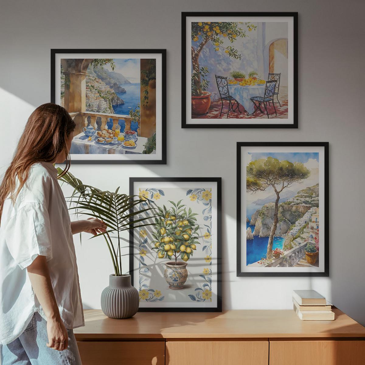 BILDER SET 4er Set - 50x50 cm & 40x60 cm Schwarzer Rahmen - Gemälde von Zitronenbäumen - Schwarz, Kunststoff (50/50cm) - TULUP