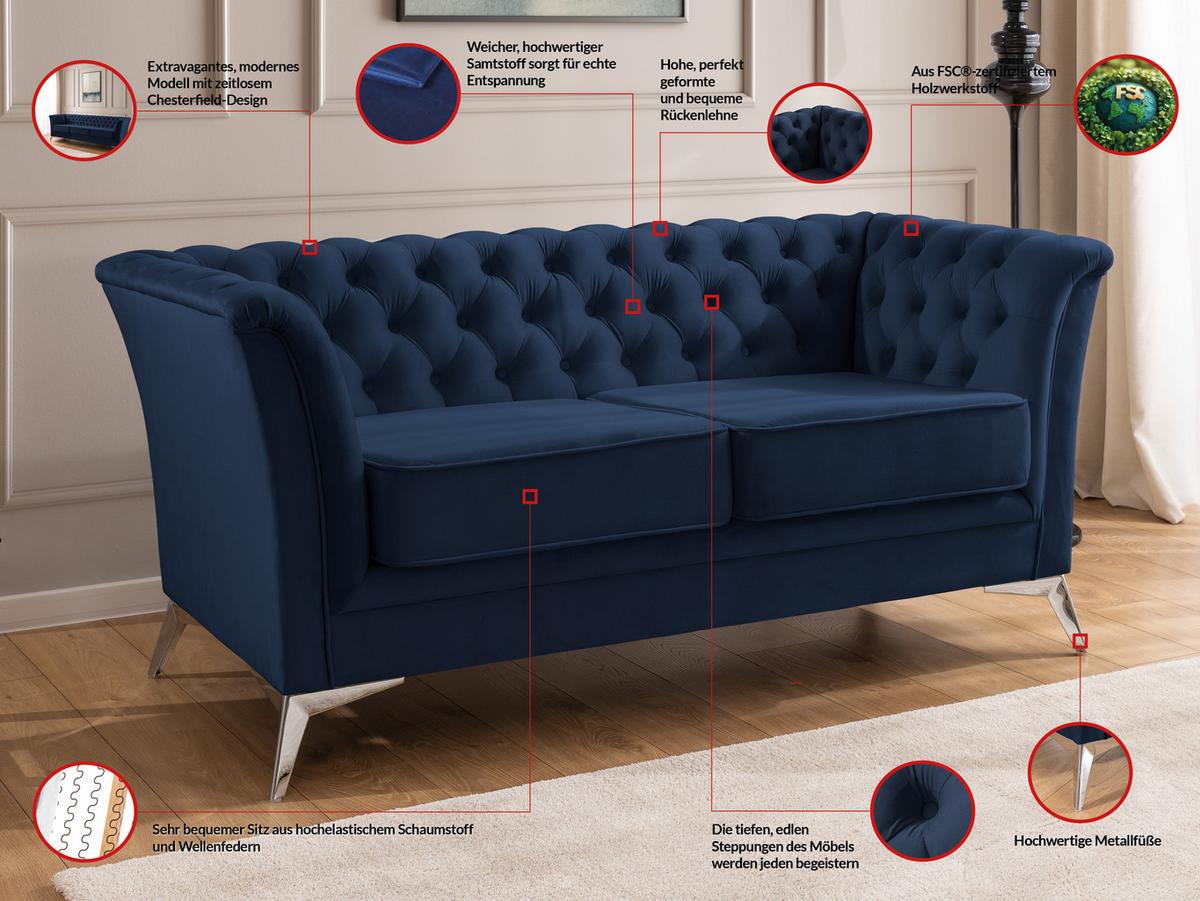 CHESTERFIELD-SOFA 2-sitzer Whitby Marineblau Samt mit silbernen Füßen - Silberfarben/Dunkelblau, Holz/Textil (175/78/82cm) - S-Style Möbel