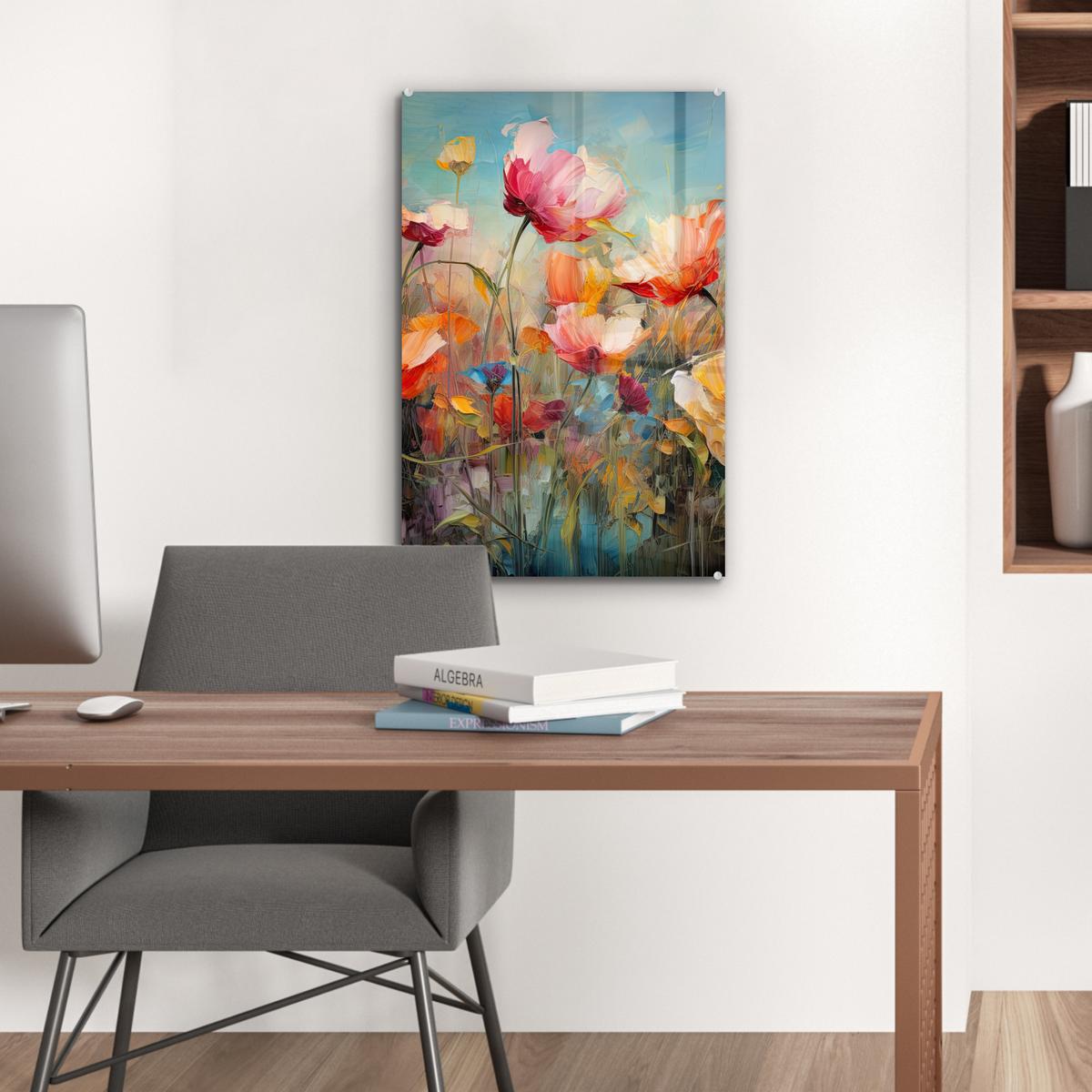 ACRYLGLASBILD Blumen - Aquarell - Kunst - Botanisch - Natur Wanddeko Wohnzimmer 40x60 cm - Orange, Glas (40/60cm) - MuchoWow