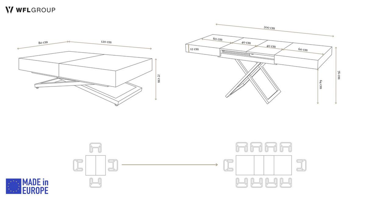 COUCHTISCH Cavetta U höhenverstellbar ausziehbar, Kaschmir Beige 120-200/80/27-76 cm - Kaschmir/Beige, Holzwerkstoff/Metall (80/200/76cm) - WFL GROUP