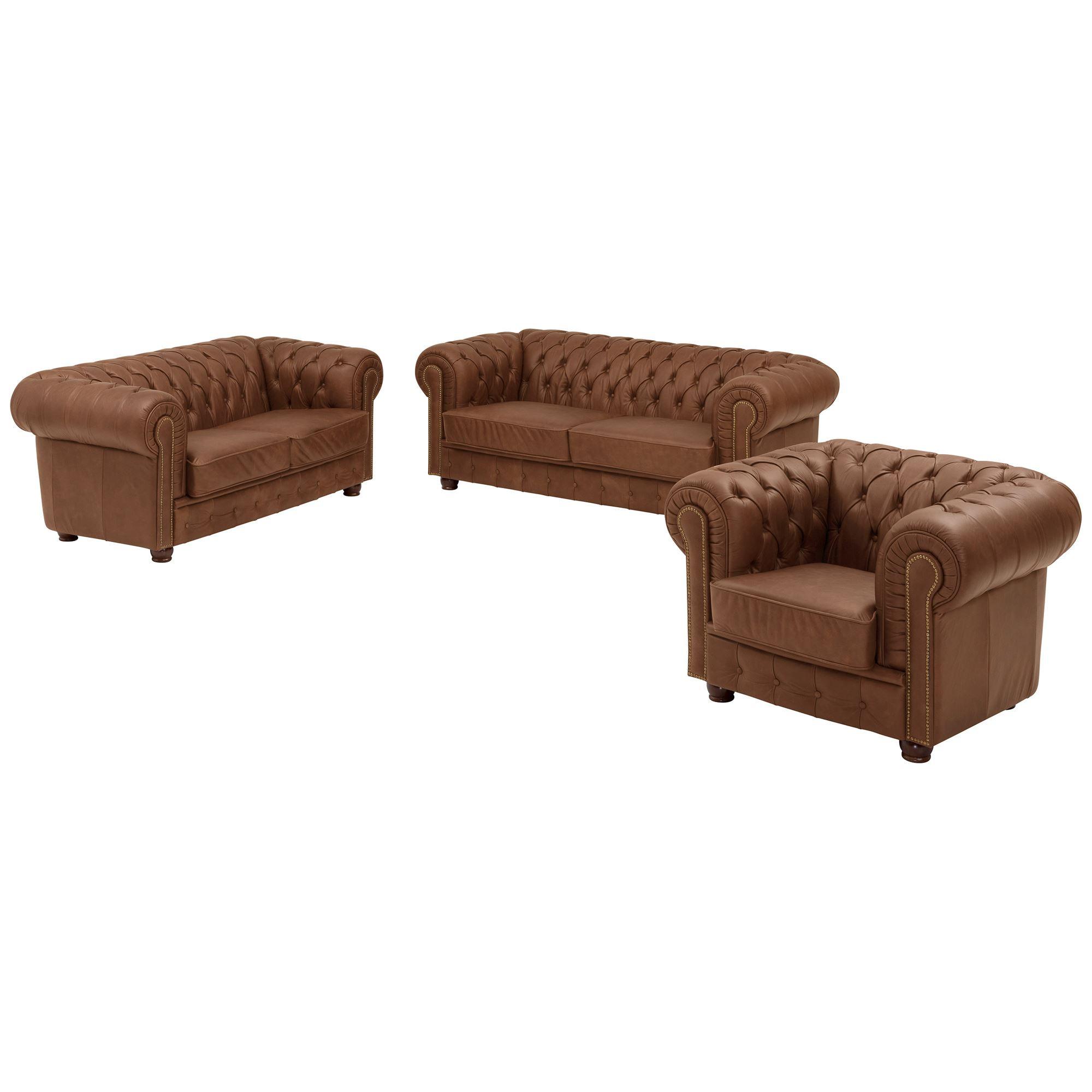 SOFAGARNITUR 3-2-1 Kath Echtleder (Antikoptik) cognac - Cognac, Leder (200/74/98cm) - 58aufmkessel