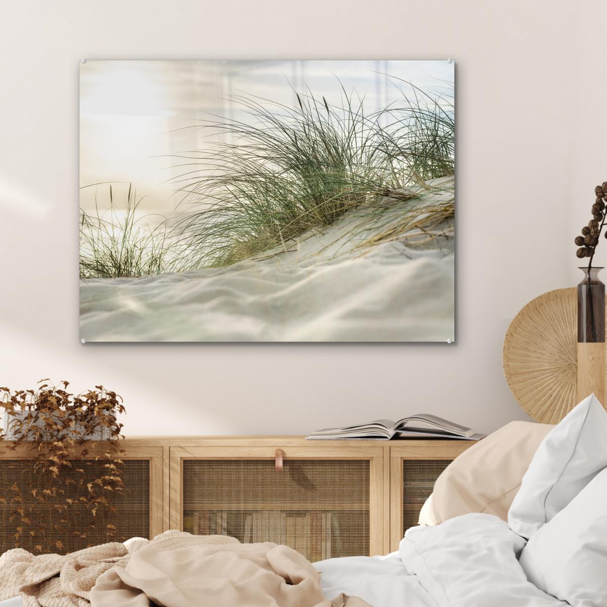 ACRYLGLASBILD Dünen mit Strandhafer in der Sonne des Nationalparks Schleswig-Holsteinisches Wattenmeer 80x60 cm - Creme, Glas (80/60cm) - MuchoWow