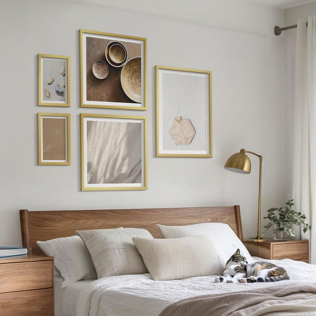 BILDER SET 5er Set - 50x50 cm & 20x30 cm & 40x60 cm Goldrahmen - Minimalistische warme Texturen - Goldfarben, Kunststoff (40/60cm) - TULUP