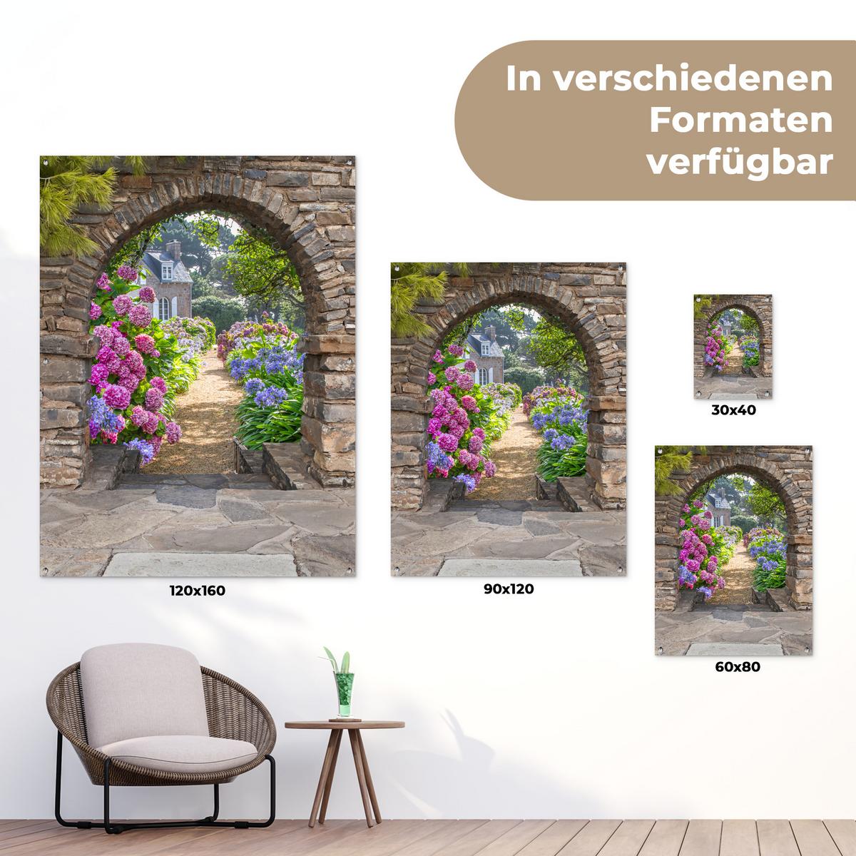 GARTENPOSTER Blumen - Guck-guck - Hortensie - Sommer Gartendekoration 120x160 cm - Braun, Kunststoff (120/160/0.2cm) - OnlyWow