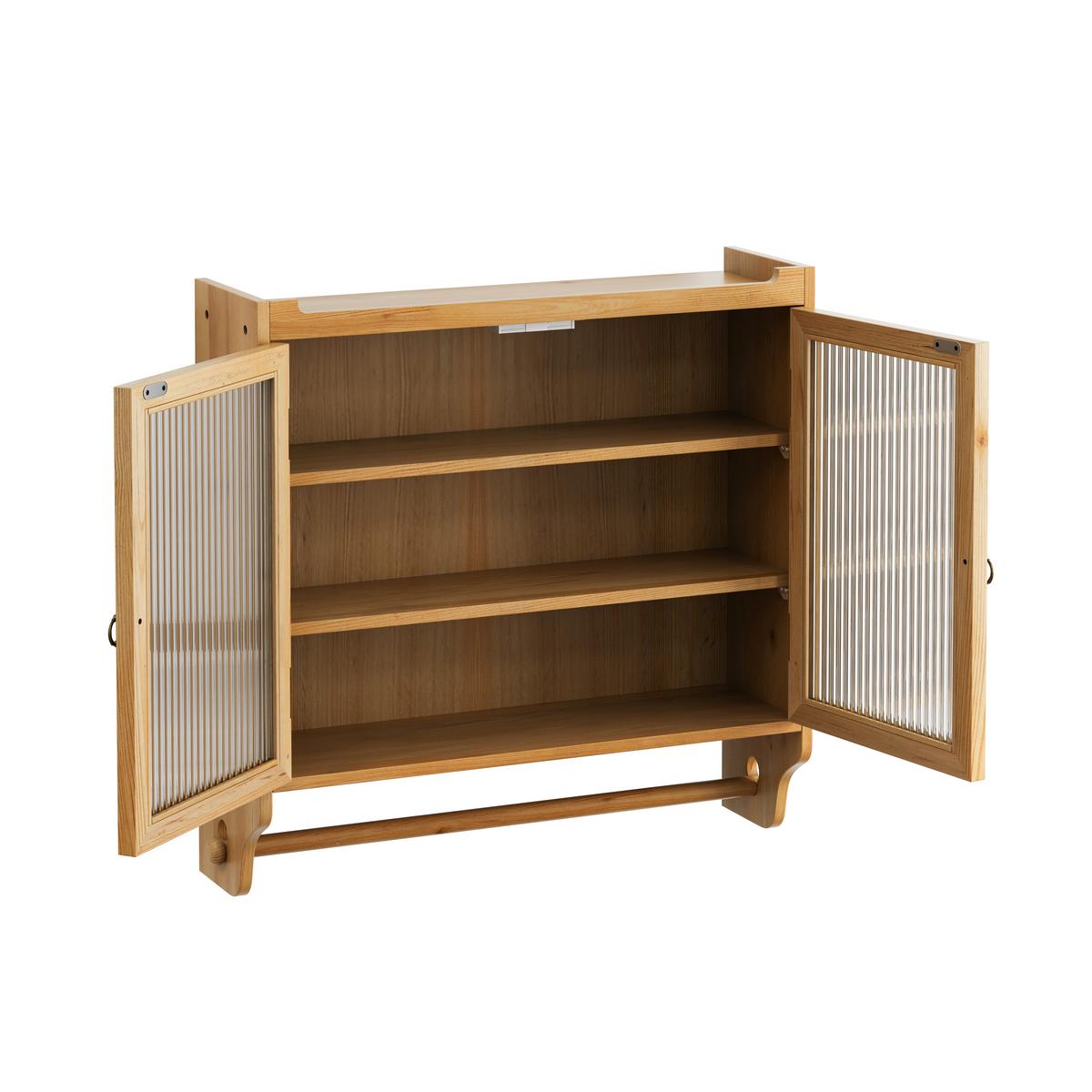 WANDSCHRANK Vintage Naturholz mit Glastüren, 3 Ebenen & Handtuchhalter 63cm - Naturfarben, Holzwerkstoff (63/60/18cm) - Urban Meuble