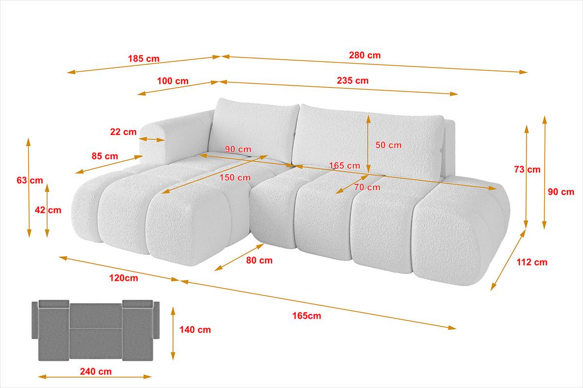 ECKSOFA Ottomane Links CLOUD-L 280x185x90 Weiß Bouclé - Weiß, Holzwerkstoff/Kunststoff (280/185cm) - ALTDECOR