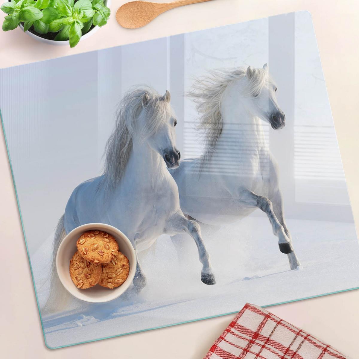 GLASPLATTE 60x52 cm Zwei Pferde Schnee - Pastellblau, Glas (60/52cm) - TULUP
