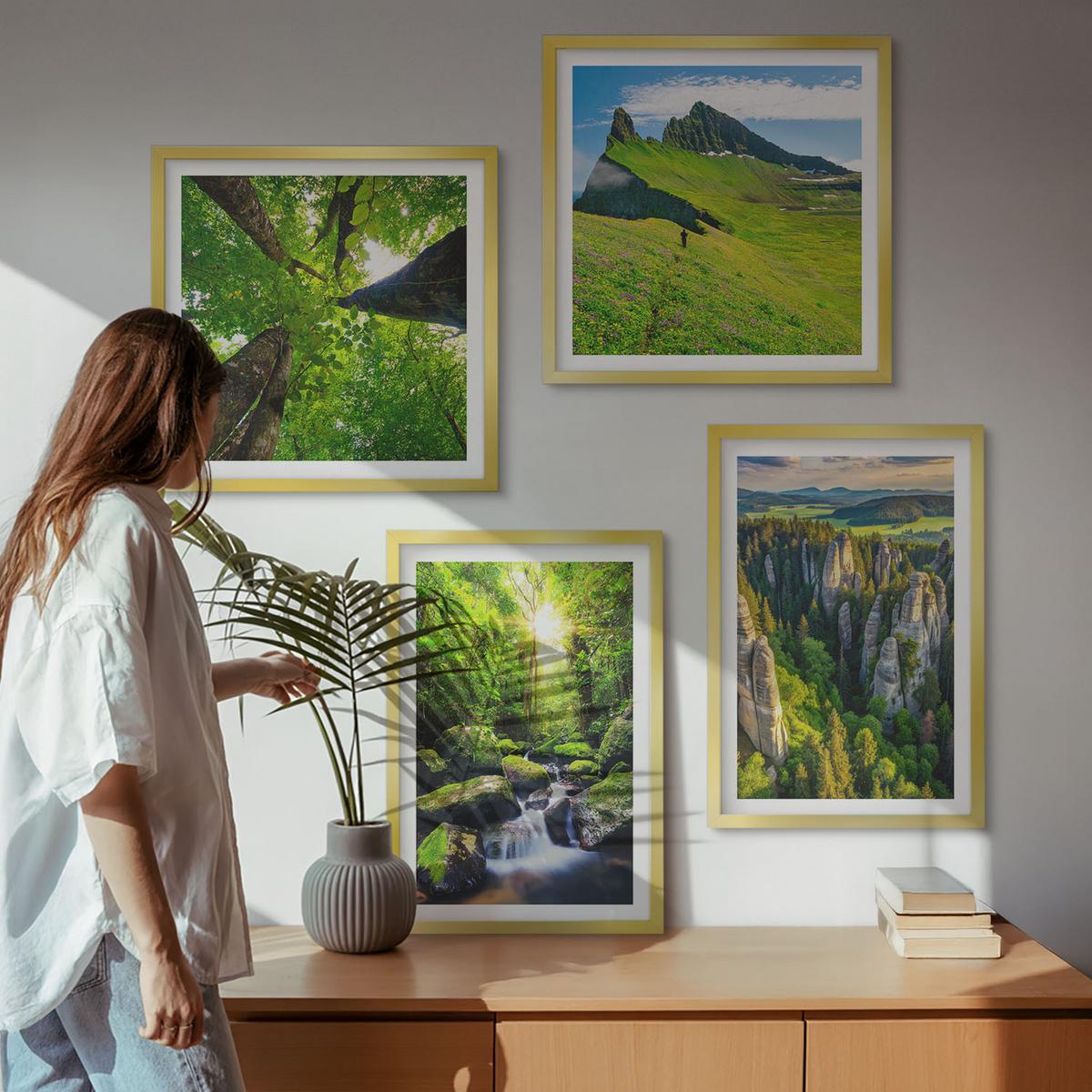 BILDER SET 4er Set - 50x50 cm & 40x60 cm Goldrahmen - Grüne Berge Wasserfallwald - Goldfarben, Kunststoff (50/50cm) - TULUP