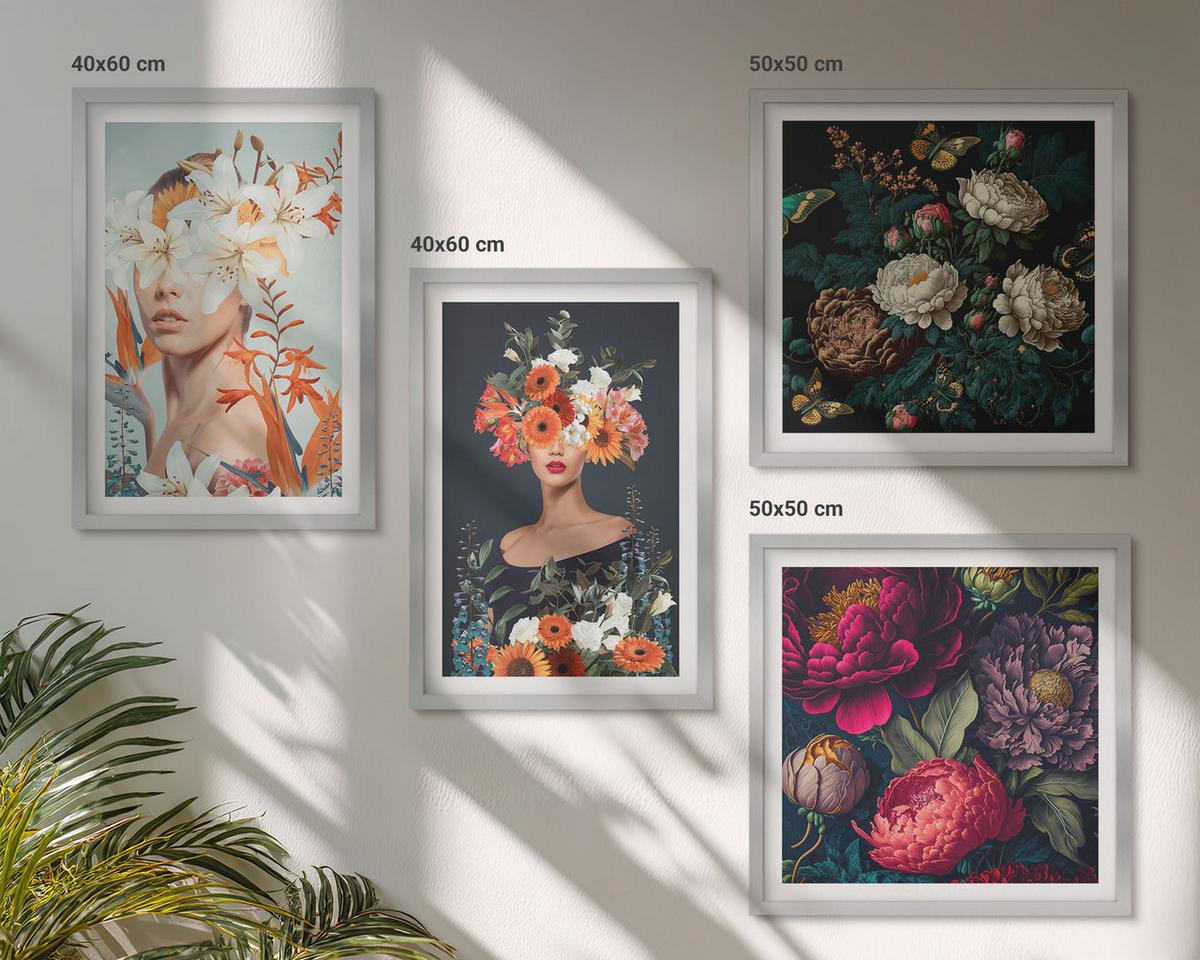 BILDER SET 4er Set - 50x50 cm & 40x60 cm Silberner Rahmen - Blumenporträts, Sträuße, Blätter - Silberfarben, Kunststoff (50/50cm) - TULUP