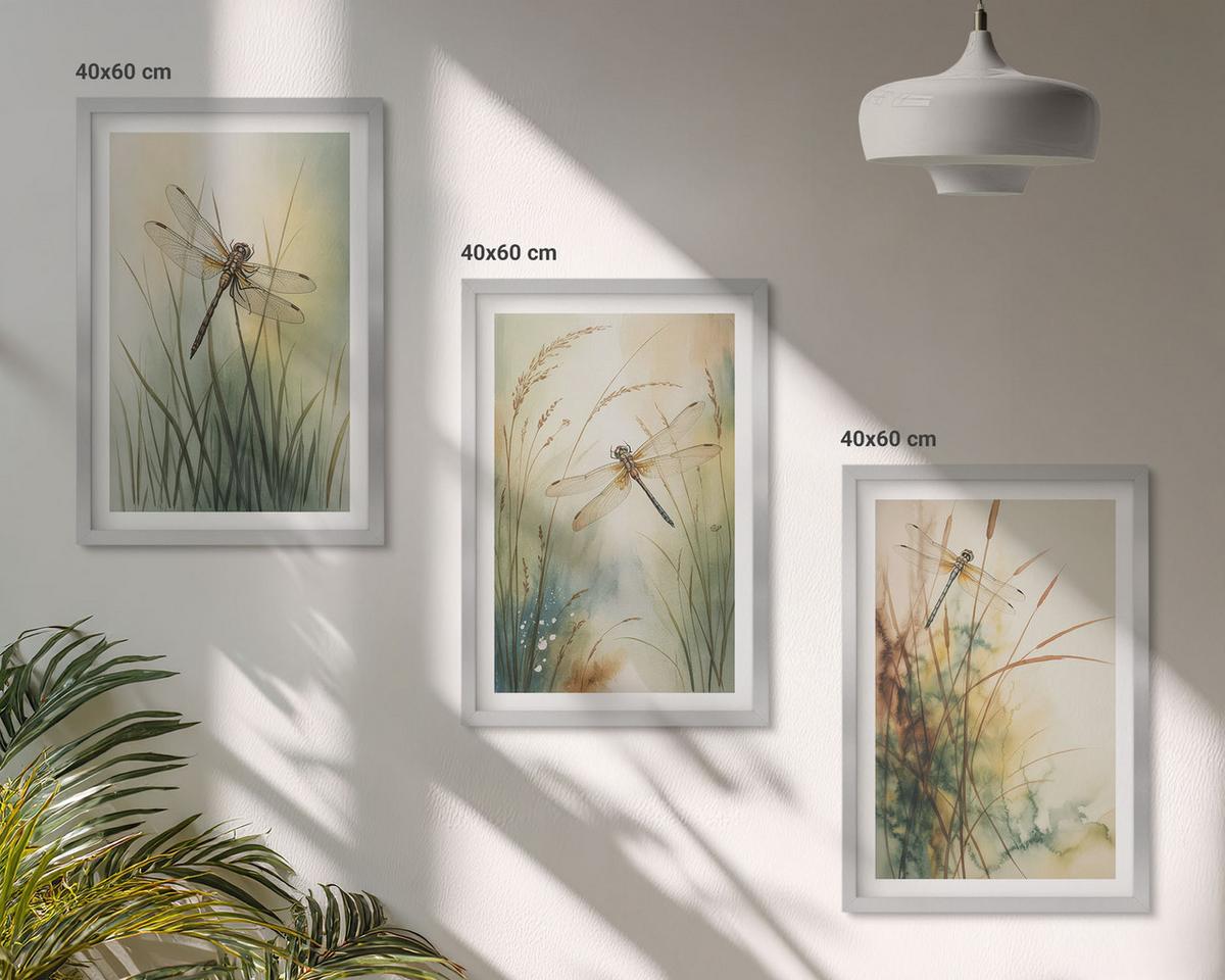 BILDER SET 3er Set - 40x60 cm Silberner Rahmen - Libellengräser über dem Wasser - Silberfarben, Kunststoff (40/60cm) - TULUP