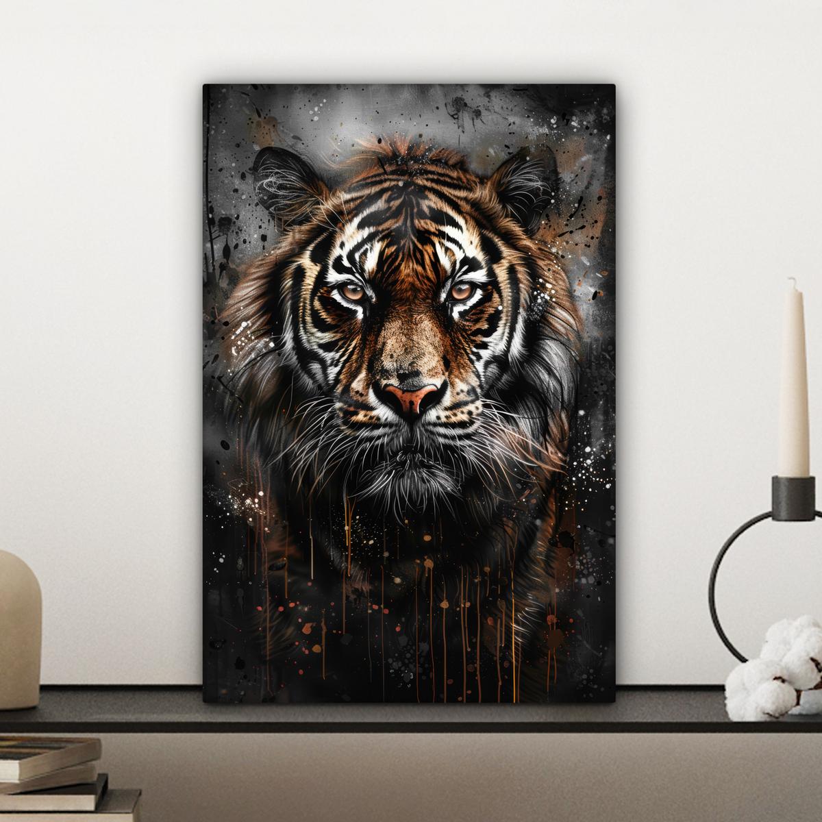 LEINWANDBILD Tiger - Tiere - Porträt - Luxus - Schwarz Deko Wohnzimmer 20x30 cm - Anthrazit, Textil (20/30cm) - MuchoWow