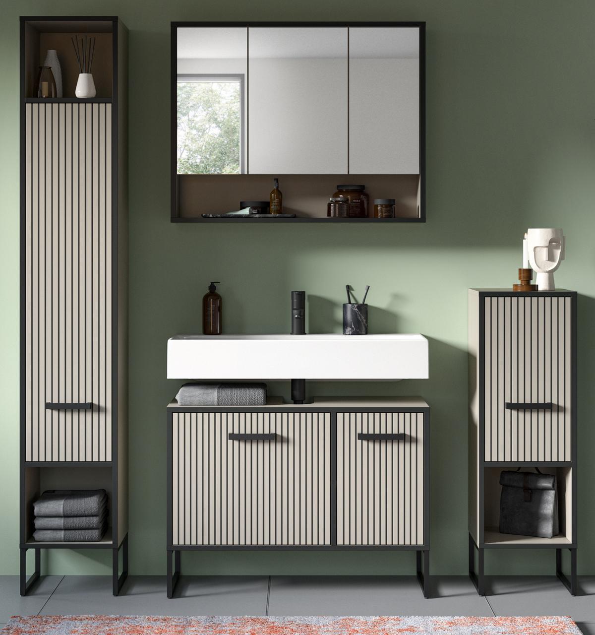 BADMÖBEL-SET 4-teilig Sand und schwarz 170 cm, Badkombination mit Soft-Close - Sandfarben/Schwarz, Glas/Holzwerkstoff (170/192/36cm) - Inn.Furn