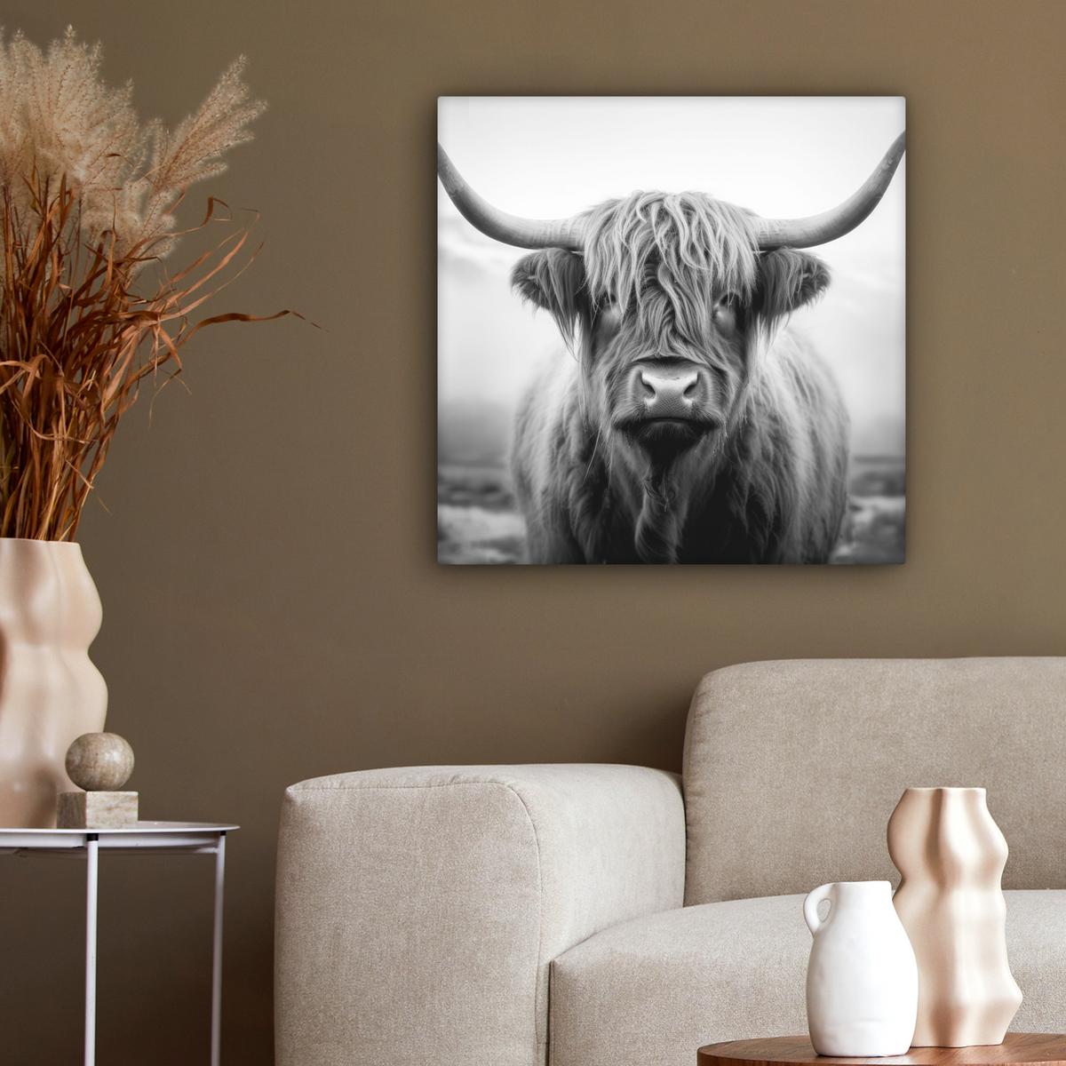 LEINWANDBILD Schottischer Highlander - Nebel - Schwarz - Weiß Wandbild Wohnzimmer 50x50 cm - Grau, Textil (50/50cm) - MuchoWow