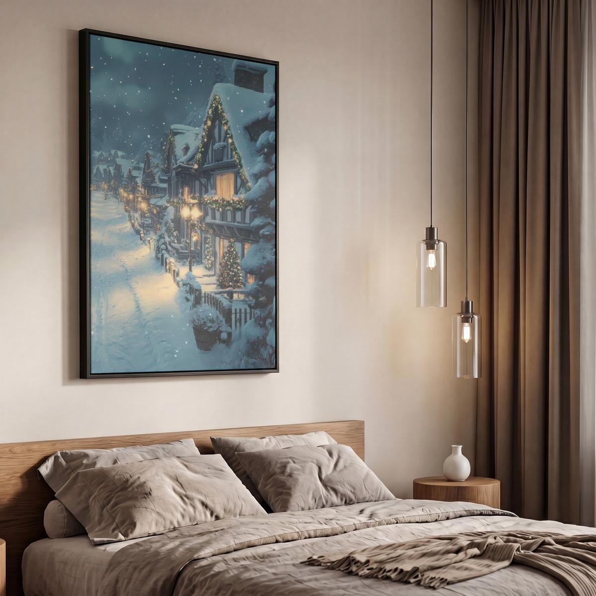 LEINWAND Bilder mit Rahmen - Weihnachtsdorf - Weihnachten - Schnee - Winter - 60x90 - Dunkelblau, Textil (60/90cm) - MuchoWow