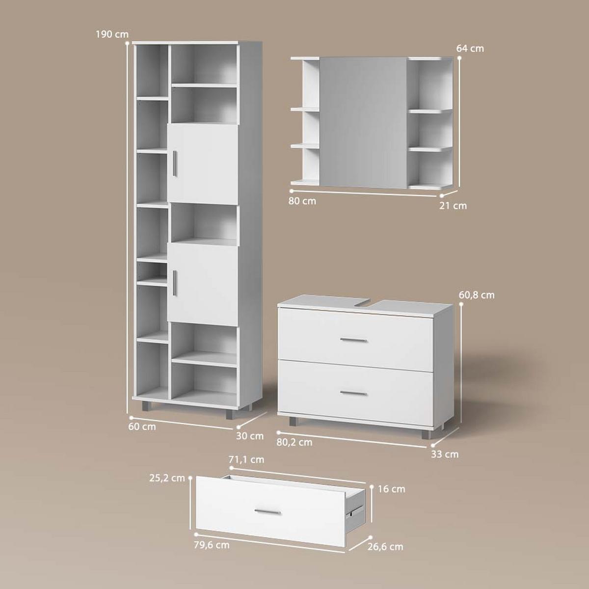 BADMÖBEL-SET Eisak Weiß 3 Teile, mit Hochschrank - Weiß, Holzwerkstoff (80/60/33cm) - Livinity®