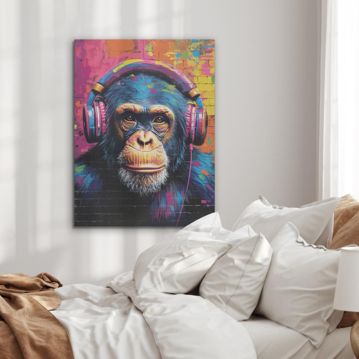 AKUSTIKBILD Graffiti - Schimpanse - Straßenkunst - Kopfhörer - Affe Wandbilder 60x80 cm - Blau, Kunststoff (60/80/0.9cm) - MuchoWow