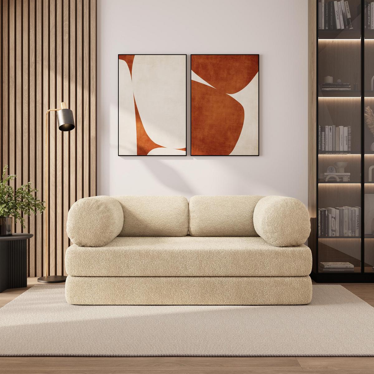 BETTSOFA EIREN aus Schaumstoff Bucle-Stoff Creme Schlaffunktion - Creme, Textil (170/68/80cm) - MASSENO