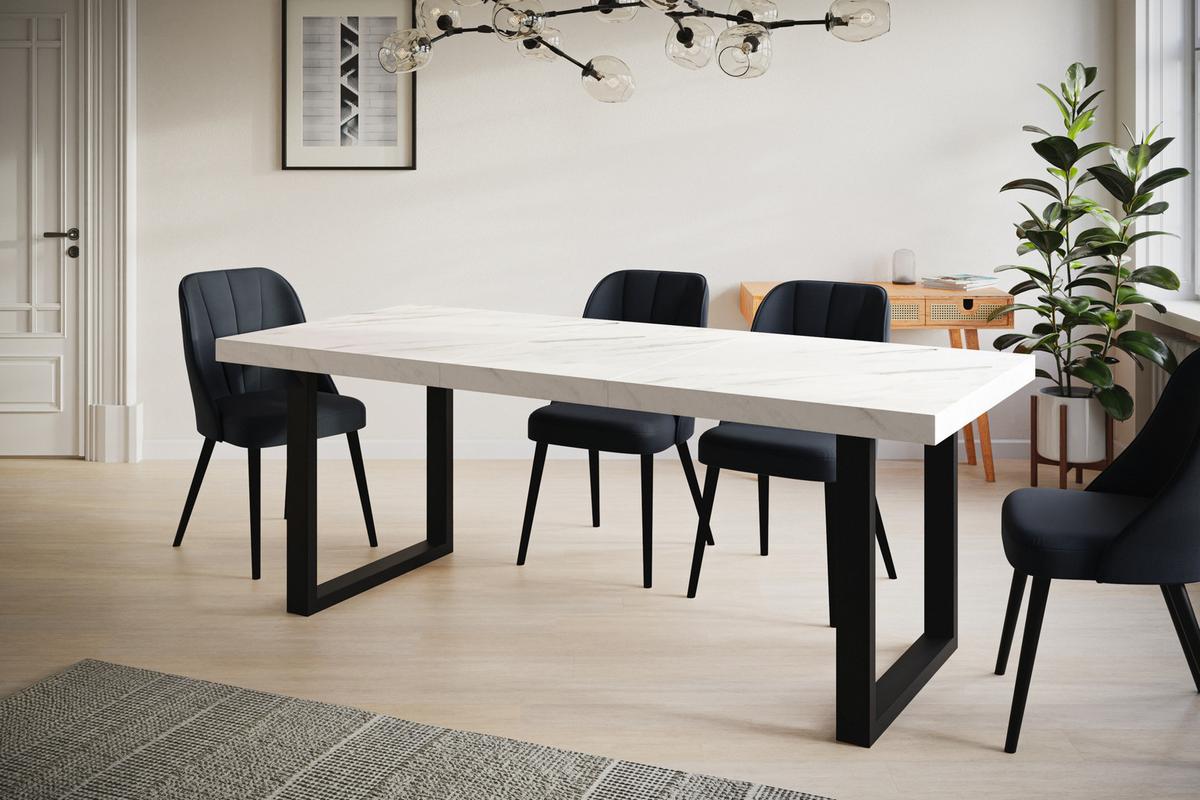 INDUSTRIELLER Esszimmertisch LOFT-U, ausziehbarer Tisch, Größe: 140-240X80X77 cm, Wohnzimmertisch Farbe: MARMUR, mit Metallbeinen in Farbe Schwarz - Hellgrau/Schwarz, Holzwerkstoff (140/80/77cm) - Alpi-Möbel