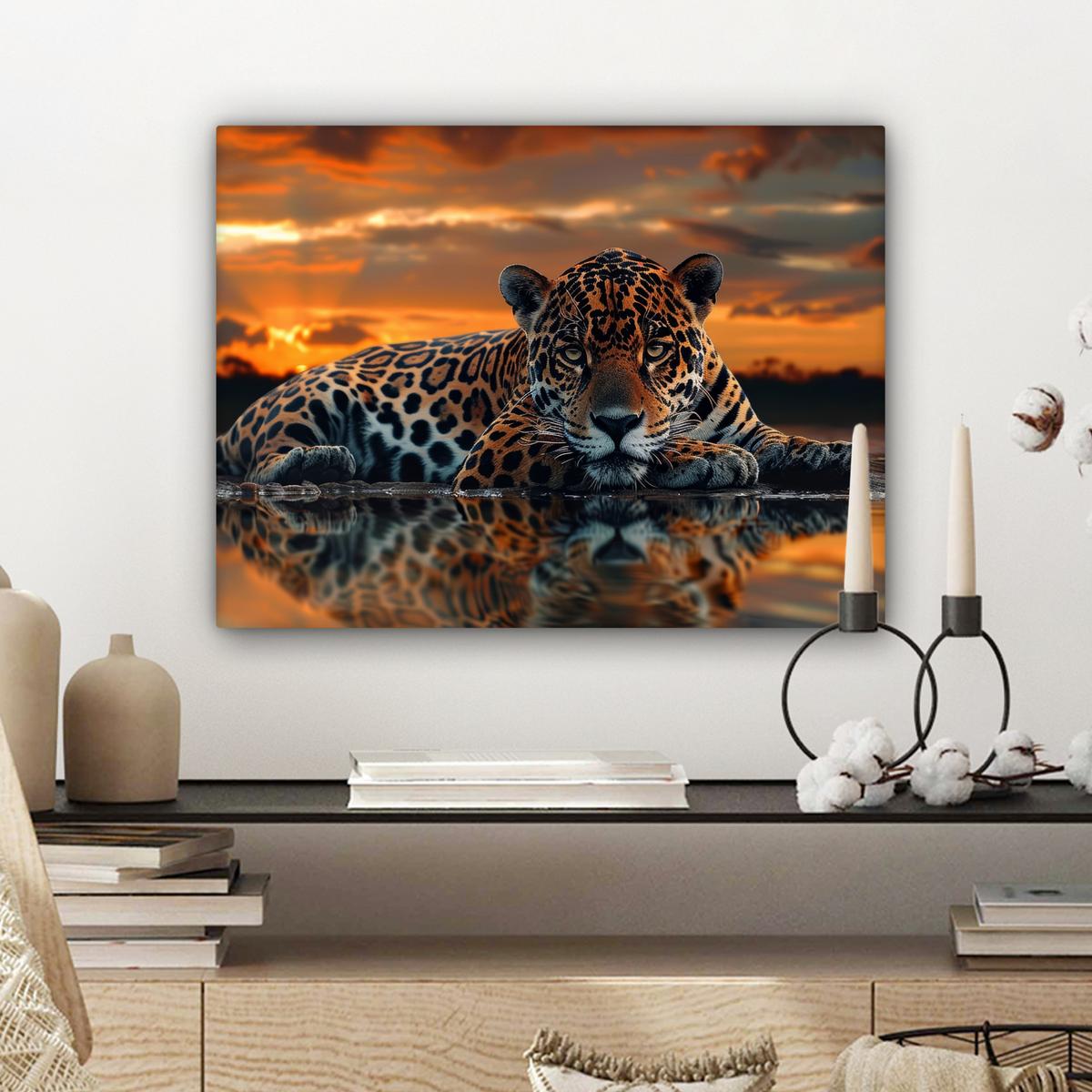 LEINWANDBILD Natur - Leopard - Tier - Sonnenuntergang - Modern Wandbild 40x30 cm - Orange, Textil (40/30cm) - MuchoWow