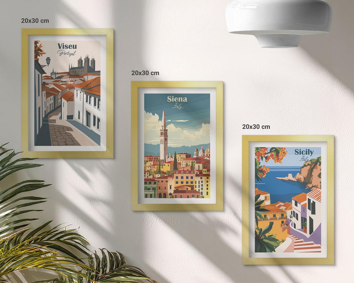 BILDER SET 3er Set - 20x30 cm Goldrahmen - Retro-Illustrationen von Weltstädten - Goldfarben, Kunststoff (20/30cm) - TULUP