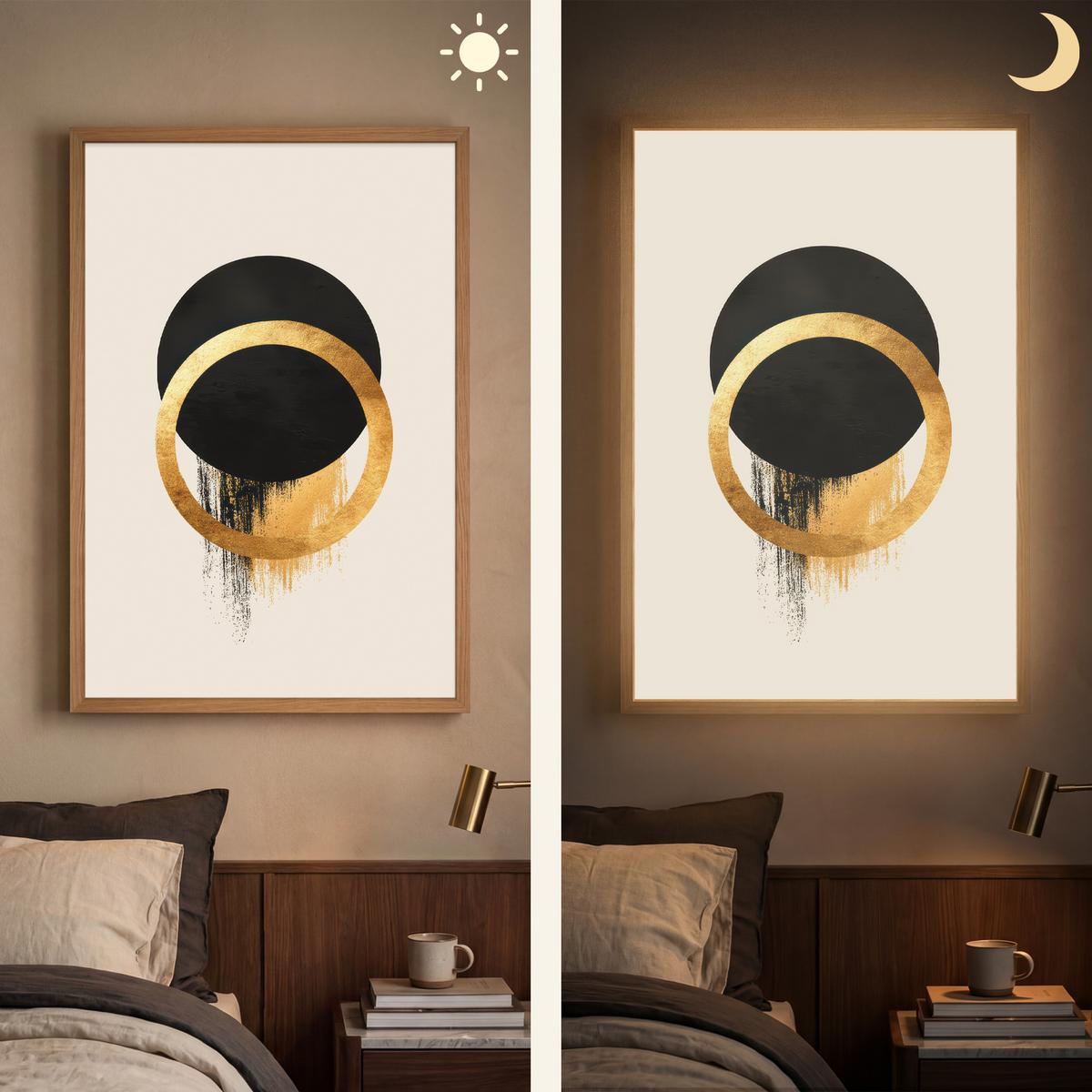 WANDLEUCHTE MIT AKKU Abstraktes Design - Schwarzer Kreis - Farbflecken 60x90 cm - Creme, Holzwerkstoff (60/90/8cm) - OnlyWow