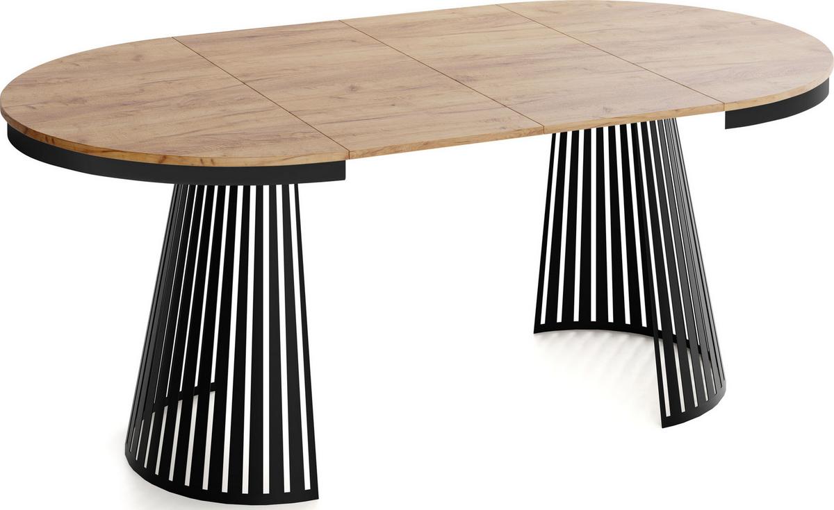 ESSTISCH Naro rund ausziehbar mit Schwarzem Lamellen-Metallgestell, Braun 120-200/120/76 cm - Eiche Wotan/Schwarz, Holzwerkstoff/Metall (120/196/76cm) - WFL GROUP