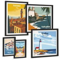 BILDER SET 5er Set - 50x50 cm & 20x30 cm & 40x60 cm Schwarzer Rahmen - Europäische Städte in farbigen Illustrationen - Schwarz, Kunststoff (40/60cm) - TULUP