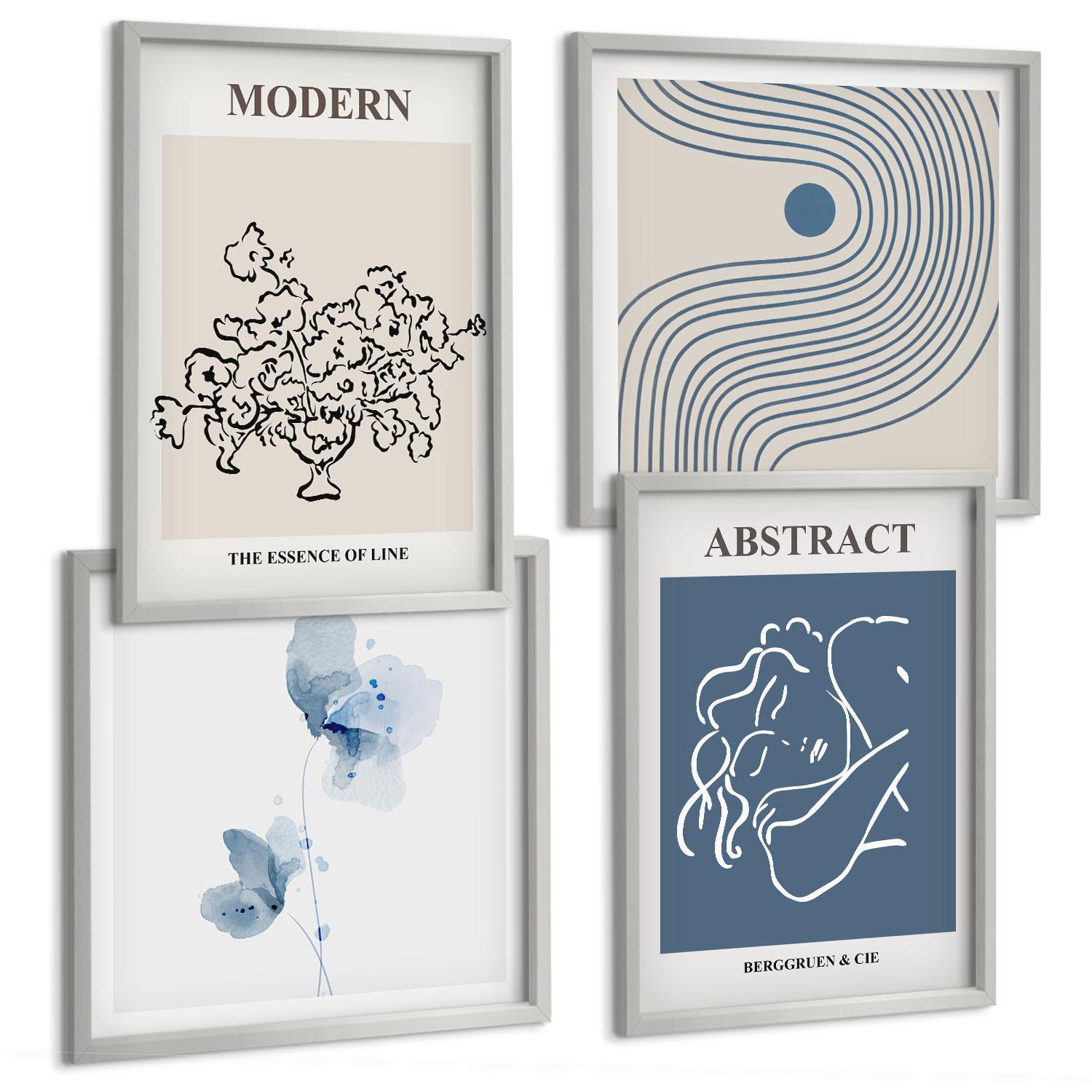 BILDER SET 4er Set - 50x50 cm & 40x60 cm Silberner Rahmen - abstrakte Poster mit Blumenlinien - Silberfarben, Kunststoff (50/50cm) - TULUP