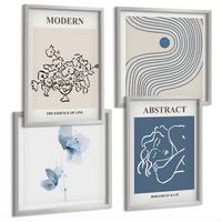 BILDER SET 4er Set - 50x50 cm & 40x60 cm Silberner Rahmen - abstrakte Poster mit Blumenlinien - Silberfarben, Kunststoff (50/50cm) - TULUP