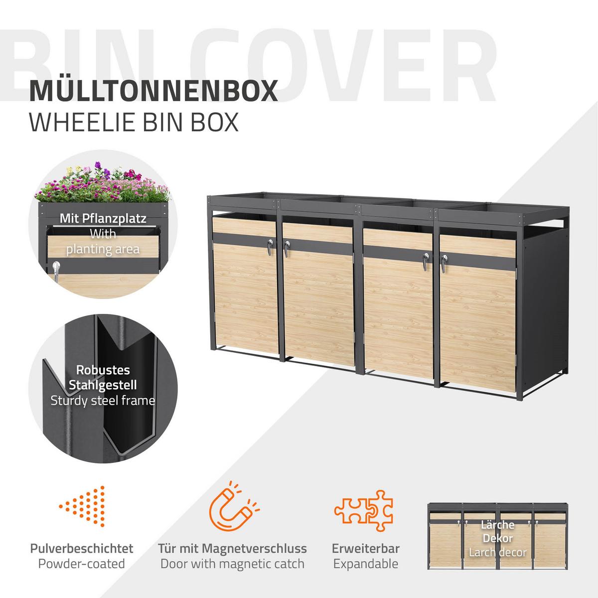 MÜLLTONNENBOX 4er mit Pflanzdach Anthrazit-Holzoptik - Hellbraun, Metall (264/124/80cm) - ML-DESIGN
