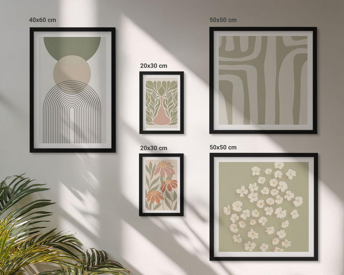 BILDER SET 5er Set - 50x50 cm & 20x30 cm & 40x60 cm Schwarzer Rahmen - Floraler minimalistischer Boho-Stil - Schwarz, Kunststoff (40/60cm) - TULUP
