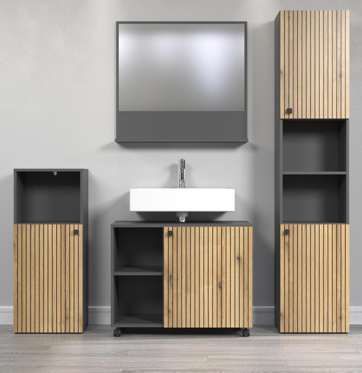 BADMÖBEL-SET Evoke Eiche, grau 180 x 186 cm 4-teilig, Badkombination in modernem Design - Eichefarben/Anthrazit, Holzwerkstoff/Metall (31/95/40cm) - Top.Furn