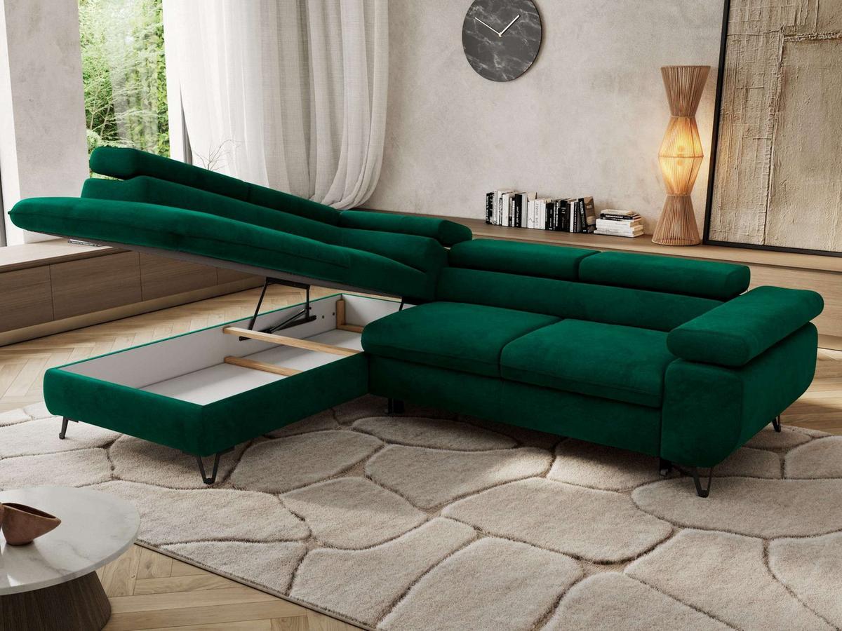 ECKSOFA PABLO L Dunkelgrün Velvet - Links Seite mit Visco Topper - Dunkelgrün/Schwarz, Textil/Metall (208/273cm) - MKS