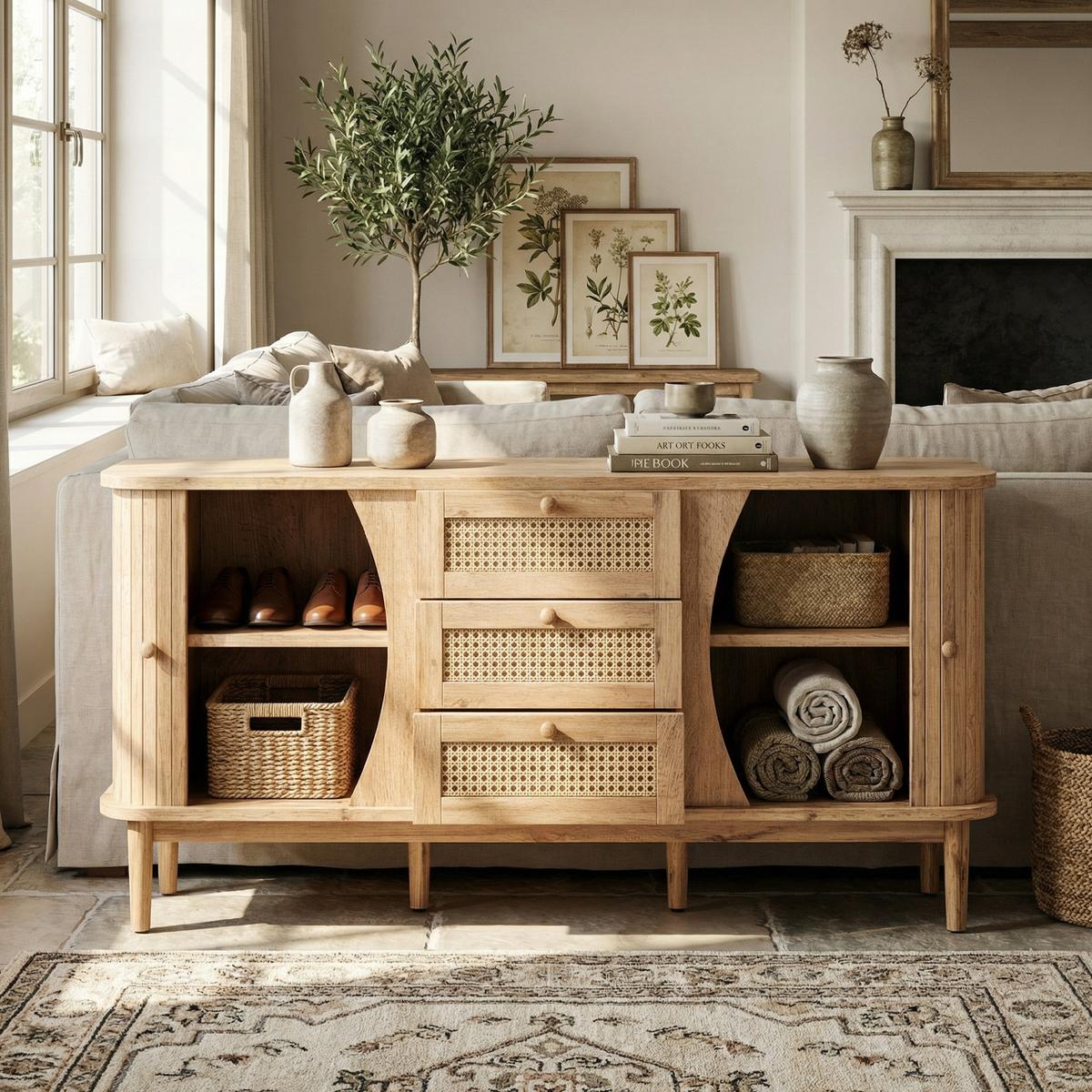 SIDEBOARD Rattan Kommode mit Schiebetüren, 140.5/40/76cm - Kirschbaumfarben, Holzwerkstoff (140/76/40cm) - Urban Meuble