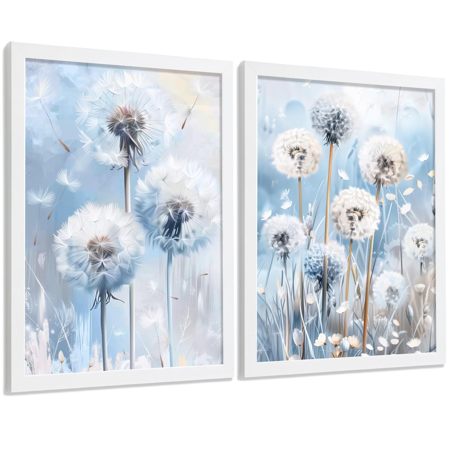 POSTER 2er Kunstdruck-Set Wandbilder Blumen Blau modern Wohnzimmer Deko, Schlafzimmer, Küche, Badezimmer Weißer Rahmen A4 - Weiß, Papier (29.7/1/21cm) - Nacnic