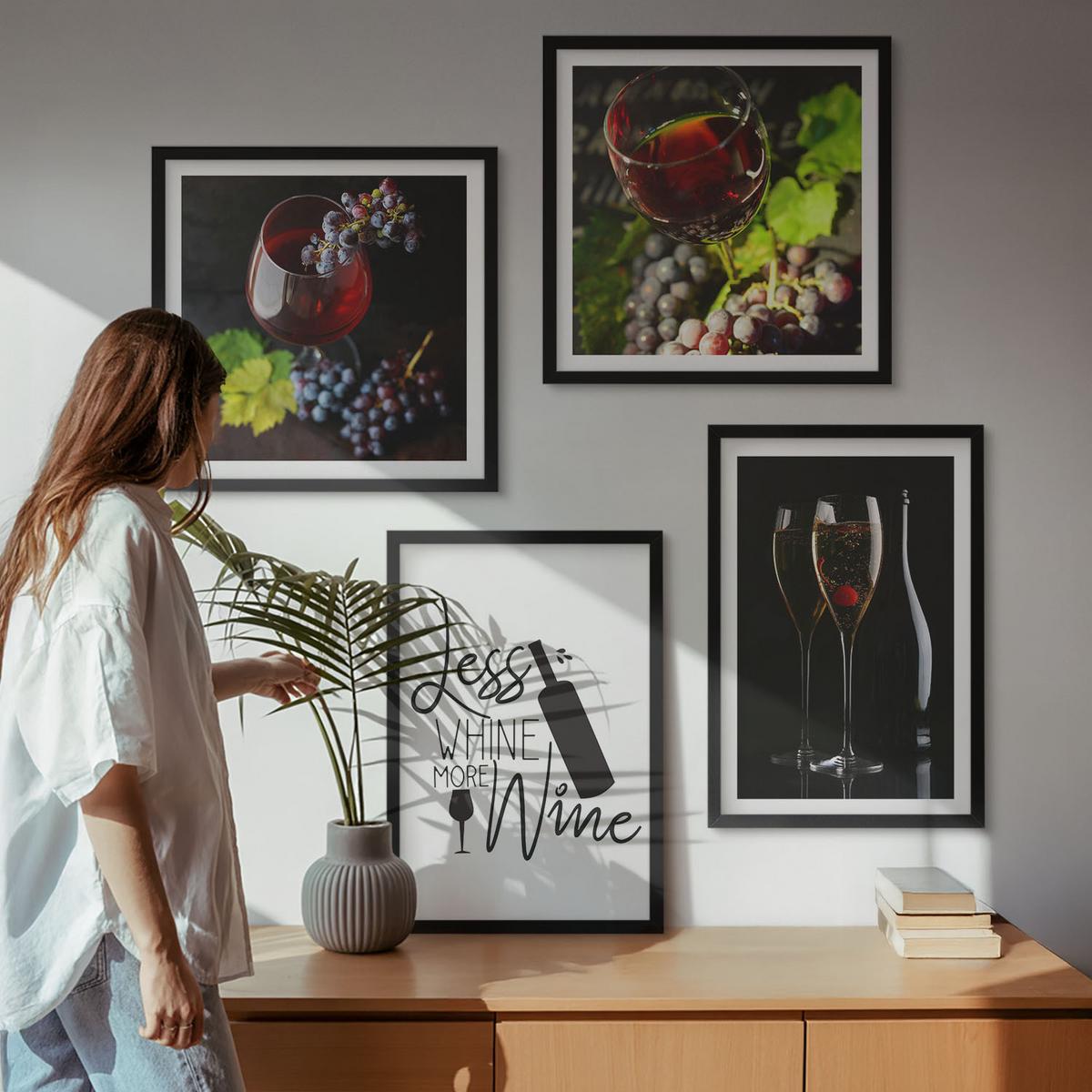 BILDER SET 4er Set - 50x50 cm & 40x60 cm Schwarzer Rahmen - Weingläser mit Trauben und Inschrift - Schwarz, Kunststoff (50/50cm) - TULUP