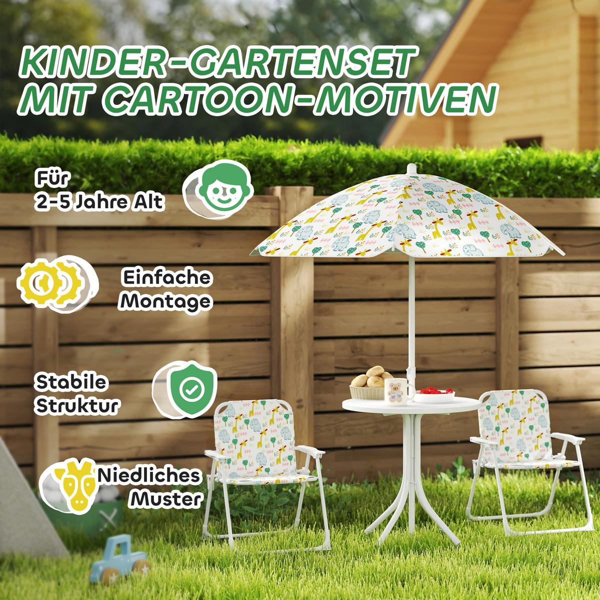 4 tlg. Kindersitzgruppe Garten mit Gartentisch 2 Klappstühle Sonnenschirm - Weiß, Metall - AIYAPLAY