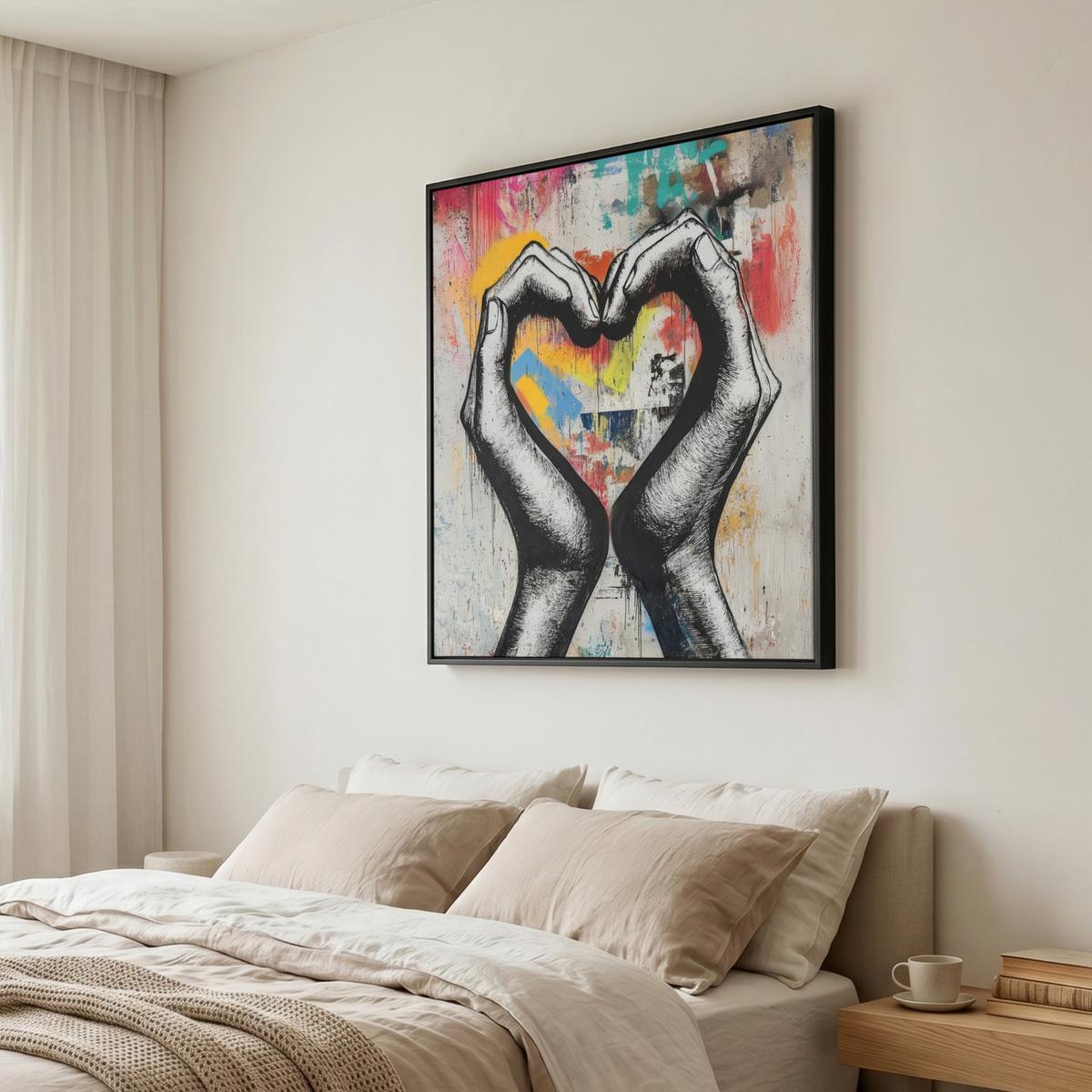 LEINWAND Bilder mit Rahmen - Hände - Herz - Straßenkunst - Graffiti - 90x90 - Multicolor, Textil (90/90cm) - MuchoWow