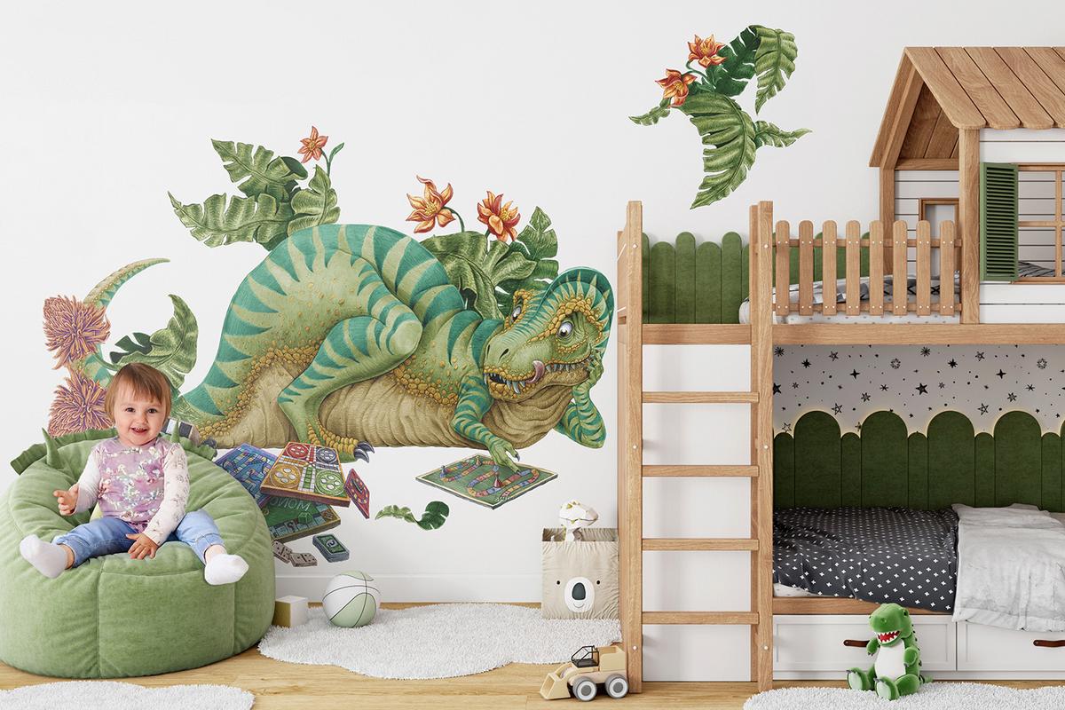 WANDAUFKLEBER 130x165cm - Dino mit einem Brettspiel - Multicolor, Kunststoff (130/165/0.1cm) - Wallfluent