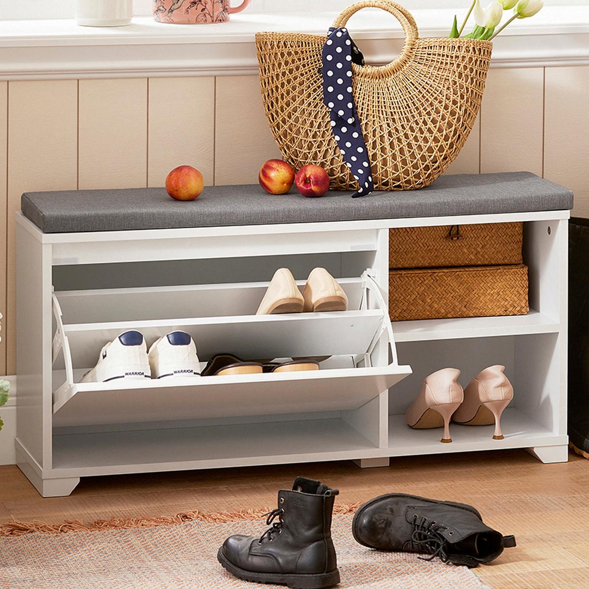 SCHUHBANK Grau - Hellgrau/Weiß, Holzwerkstoff (90/46/24cm) - SoBuy