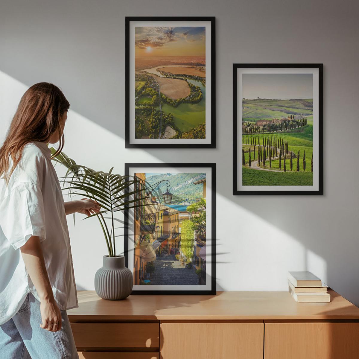 BILDER SET 3er Set - 40x60 cm Schwarzer Rahmen - Italienische Landschaften, Flussstraße - Schwarz, Kunststoff (40/60cm) - TULUP