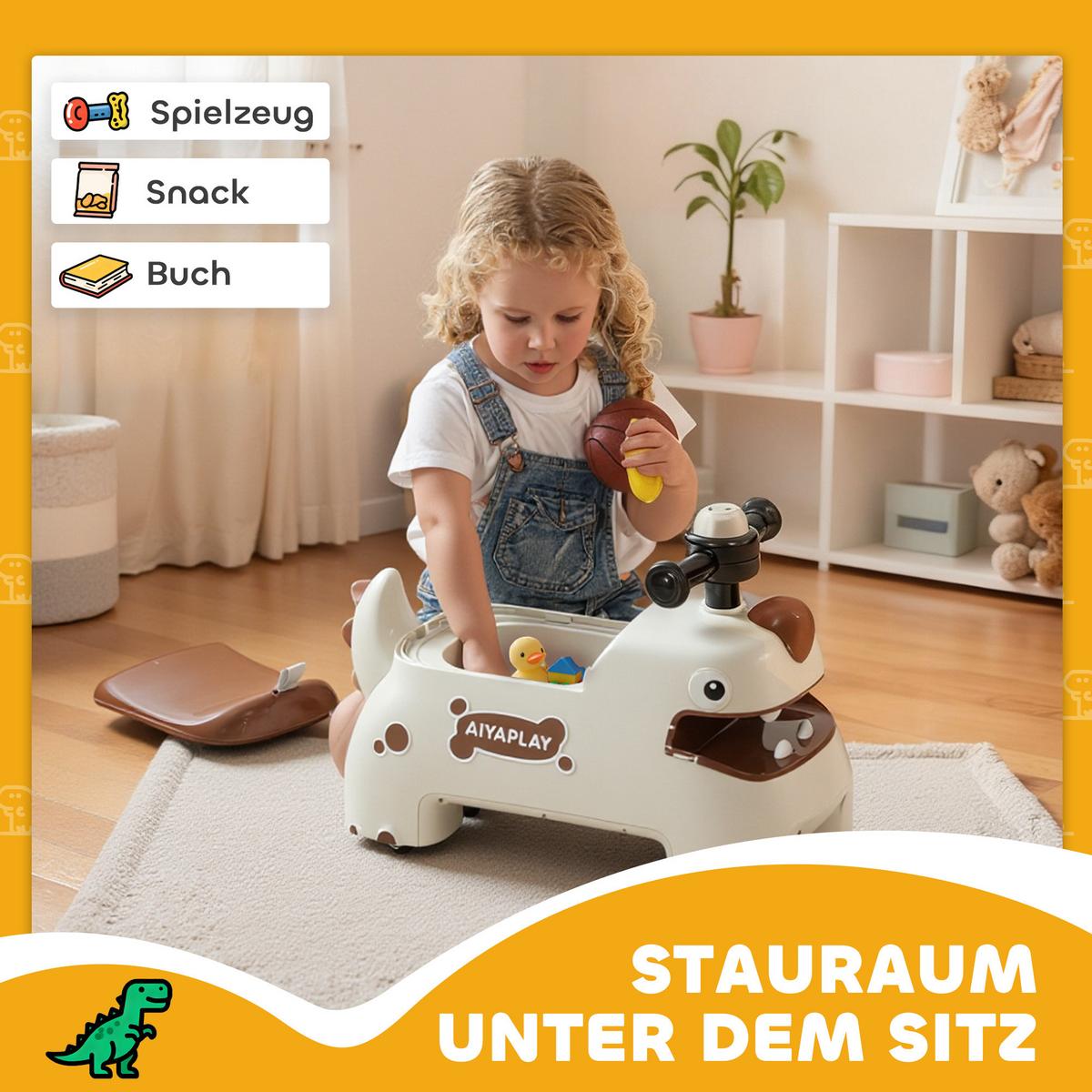 RUTSCHAUTO im Dinosaurier-Form Rutschfahrzeug mit Stauraum unter Sitz, Licht - Creme, Kunststoff (52/24/38cm) - AIYAPLAY