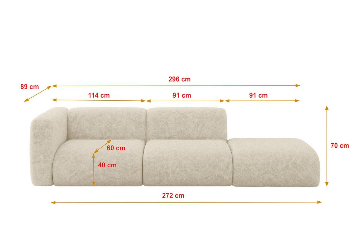 SOFA Ottomane Links MIRA-S3 296x89x70 Creme Velours - Creme/Schwarz, Holzwerkstoff/Kunststoff (296/70/89cm) - ALTDECOR