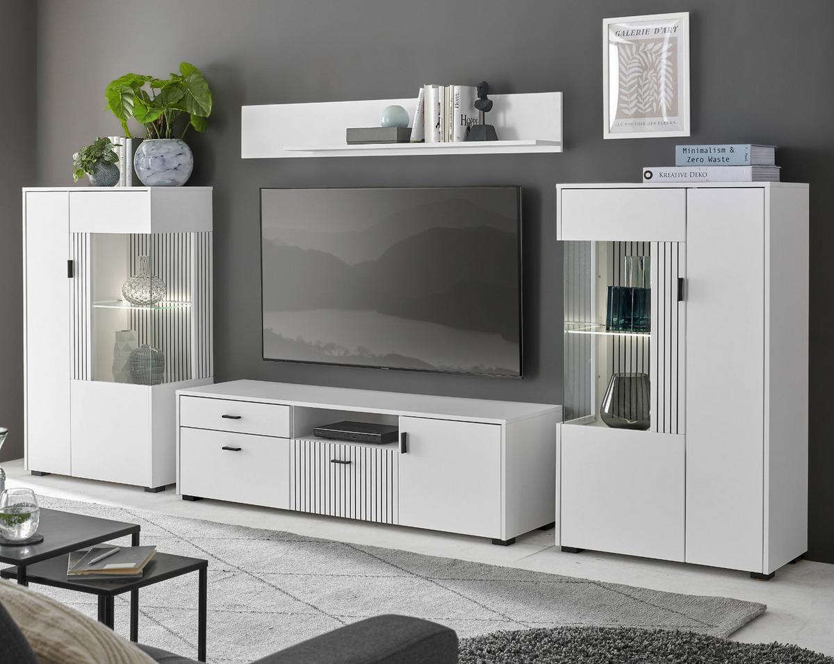 WOHNWAND 4-teilig weiß matt, Wohnkombination 320 x 170 cm mit viel Stauraum und Soft-Close - Schwarz/Weiß, Glas/Holzwerkstoff (320/180/42cm) - Furn.Design