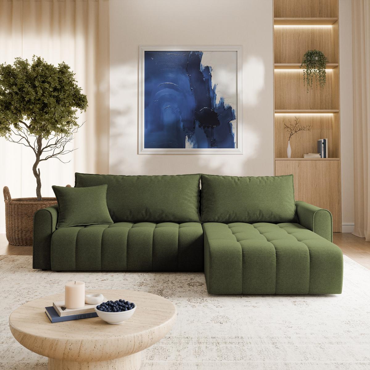ECKSOFA FRIGA Olivgrün Strukturstoff mit Schlaffunktion - Olivgrün, Holz (283/185cm) - MASSENO