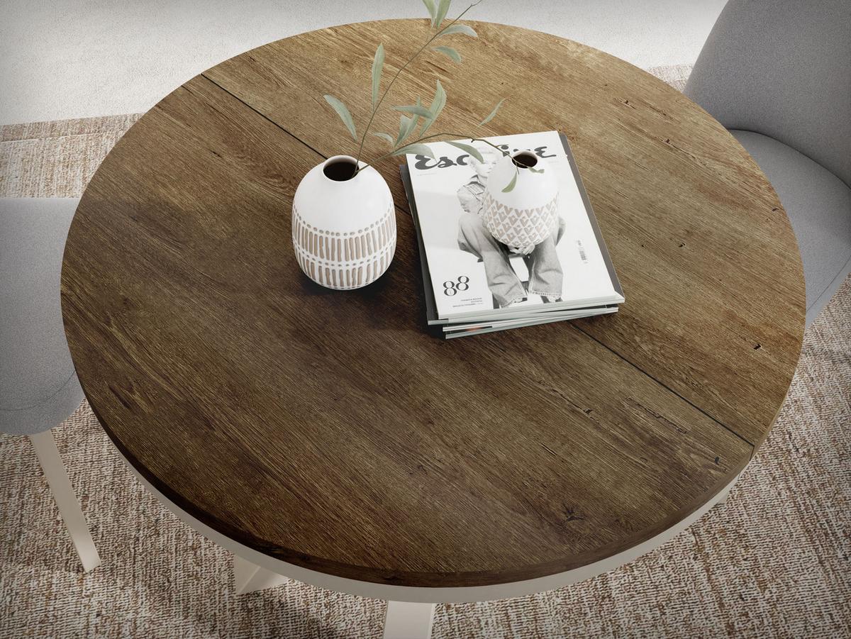 ESSTISCH Clara Grau-Beige runder ausziehbarer, Lefkas Eiche 120-200/120/76 cm - Alteiche/Greige, Holzwerkstoff/Metall (120/196/76cm) - WFL GROUP