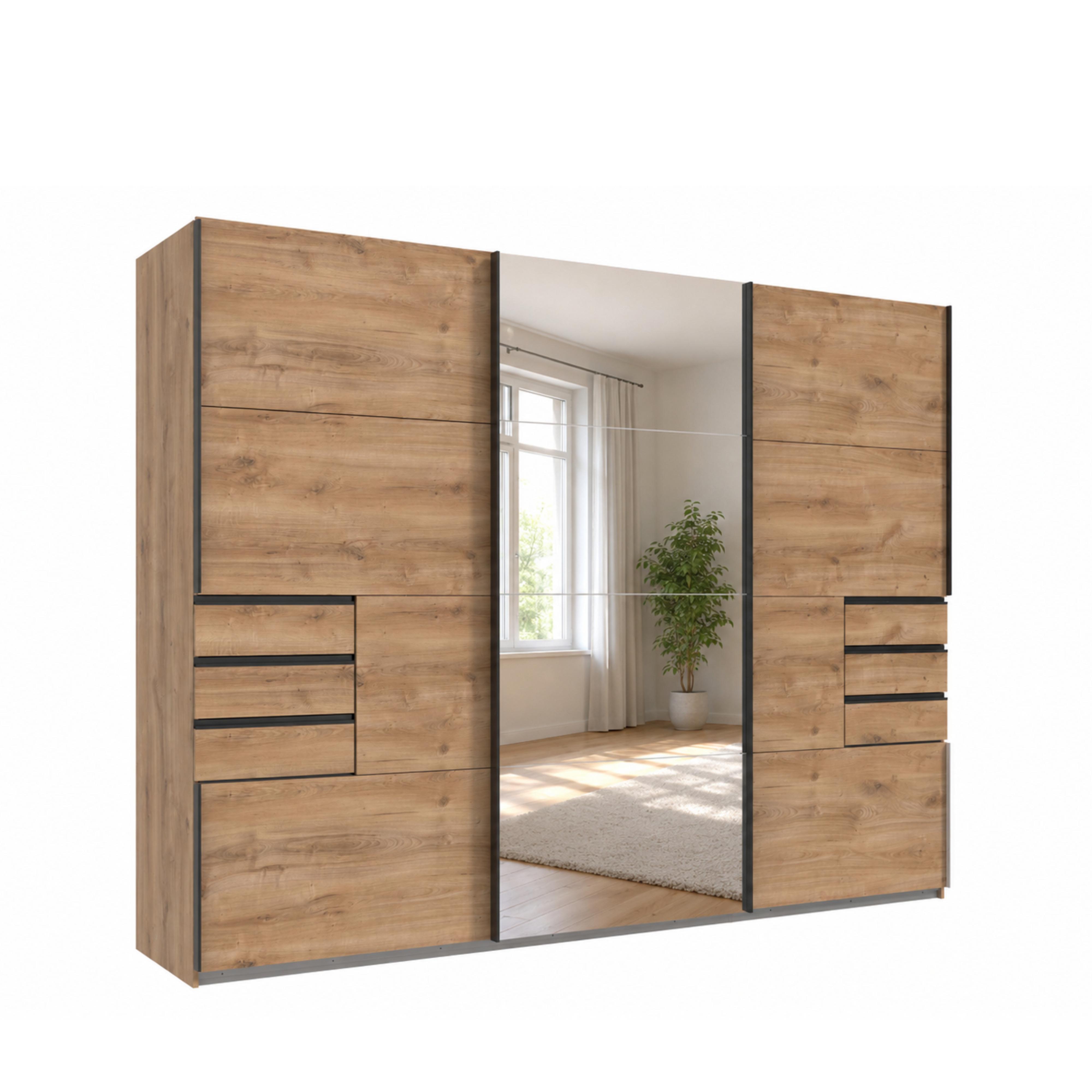 SCHWEBETÜRENSCHRANK 3-türig B270/H208/64 cm, Eiche Dekor, eine Spiegeltür, Kleiderschrank mit Schubladen & Vollausstattung / 22612 - Eichefarben/Schwarz, Holzwerkstoff/Metall (270/208/64cm) - luma-home