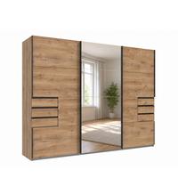 SCHWEBETÜRENSCHRANK 3-türig B270/H208/64 cm, Eiche Dekor, eine Spiegeltür, Kleiderschrank mit Schubladen & Vollausstattung / 22612 - Eichefarben/Schwarz, Holzwerkstoff/Metall (270/208/64cm) - luma-home