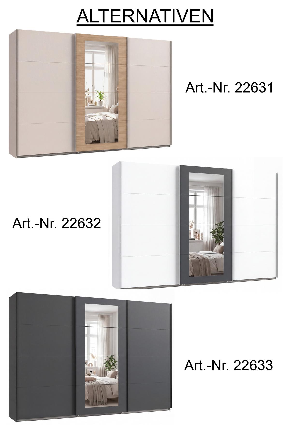 SCHWEBETÜRENSCHRANK 3-türig B313/H208/64 cm Kleiderschrank in Beige Grau, Spiegel umrahmt in Eiche Natur, Griffe Beige Grau / 22631 - Beige/Grau, Holzwerkstoff/Metall (313/208/64cm) - luma-home